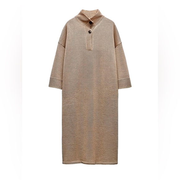 ZARA NWT Small Knit Brown Taupe Tunic Dress Wide Sleeves Button Front Brown - Picture 2 of 7